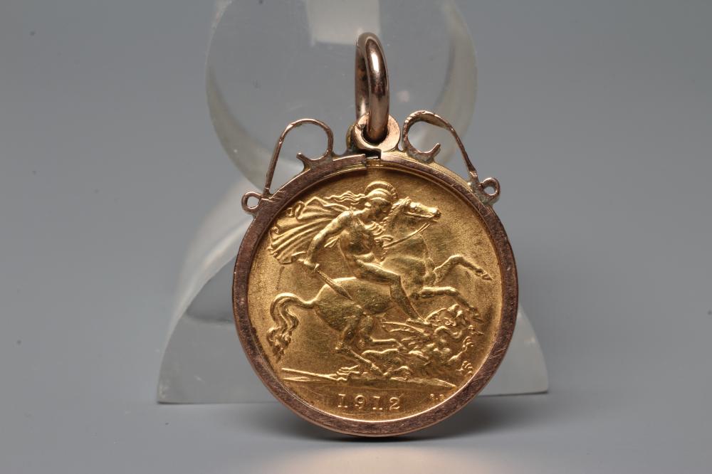 A GEORGE V HALF SOVEREIGN, 1912, loose mounted as a pendant, stamped 9ct, 5.5g total (Est. plus 20% Image