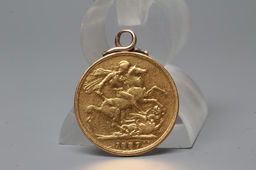 A VICTORIA JH SOVEREIGN, 1887, with hard soldered hanging loop, 8g gross (Est. plus 20% premium ) Image