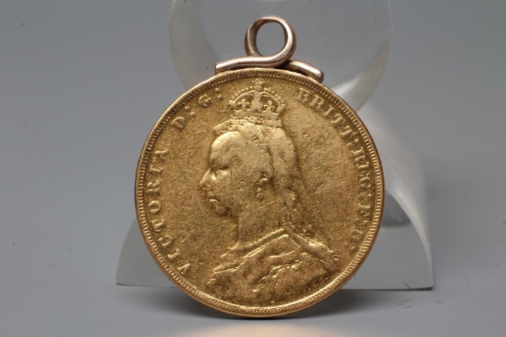 A VICTORIA JH SOVEREIGN, 1887, with hard soldered hanging loop, 8g gross (Est. plus 20% premium ) Image