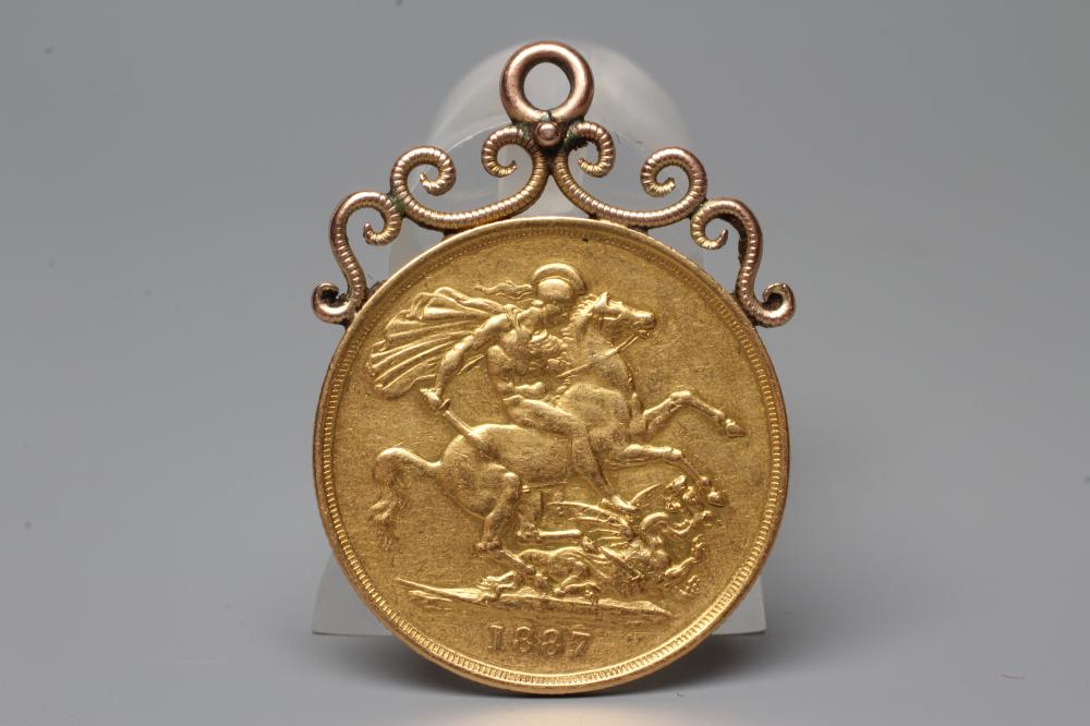 A VICTORIA JH GOLD £2, 1887, with hard soldered unmarked scroll mount, 17.8g gross (Est. plus 20% Image