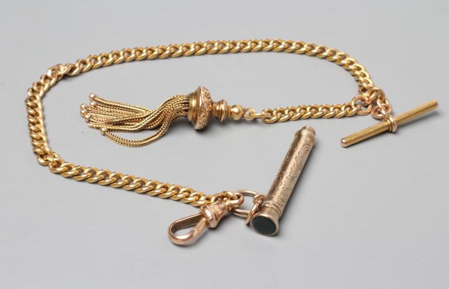 AN ALBERT CHAIN with bar and dog-clip fastener, all stamped 625, 15, pendant with an unmarked tassel Image