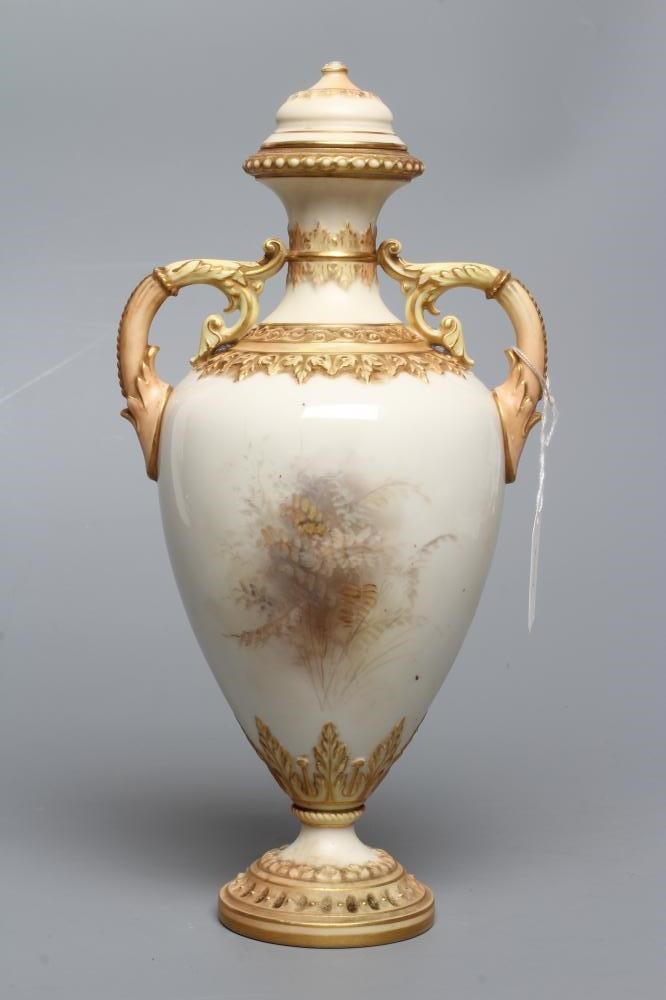 A ROYAL WORCESTER CHINA VASE AND COVER Image