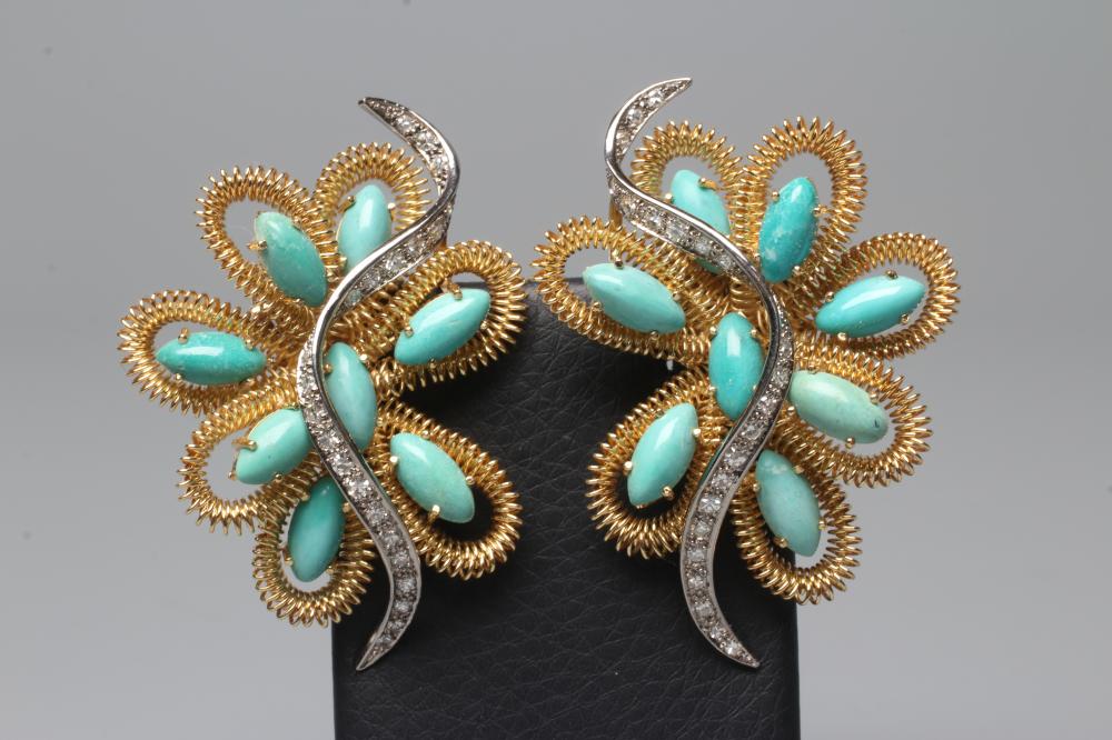 A LARGE PAIR OF DIAMOND AND TURQUOISE CLIP EARRINGS Image