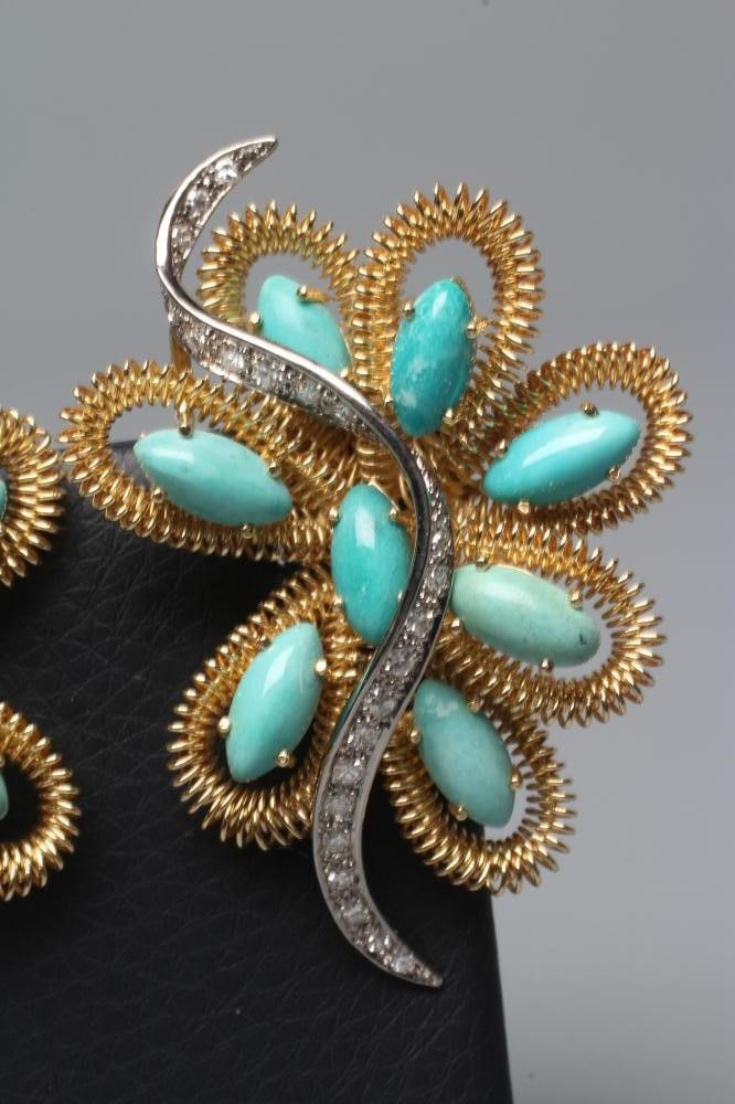A LARGE PAIR OF DIAMOND AND TURQUOISE CLIP EARRINGS Image
