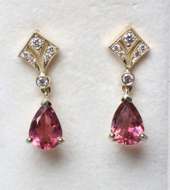 A PAIR OF PINK TOURMALINE AND DIAMOND DROP EARRINGS Image