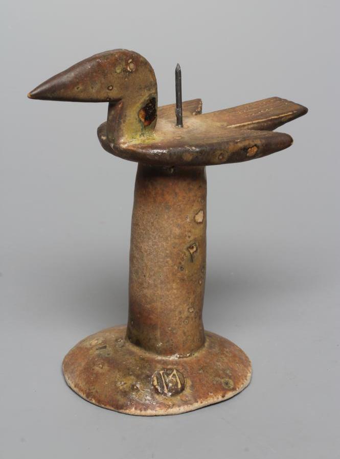 JOHN MALTBY (1936-2000) - a brown glazed stoneware stylised bird pricket candlestick, monogrammed Image