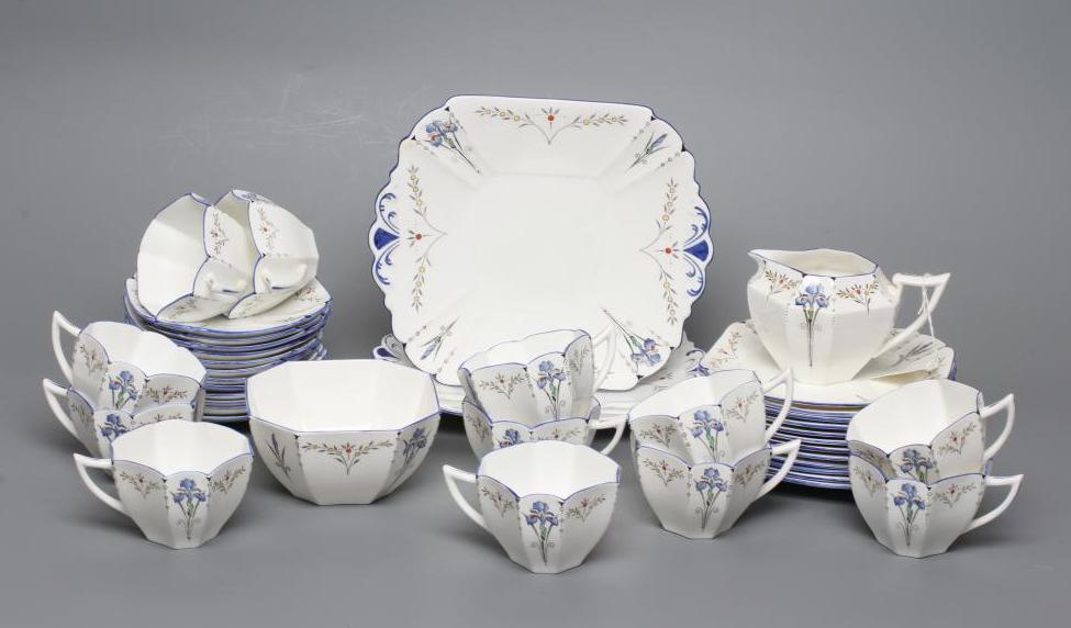 AN ART DECO SHELLEY CHINA QUEEN ANNE TEA SERVICE printed and overpainted with the Blue Iris pattern Image