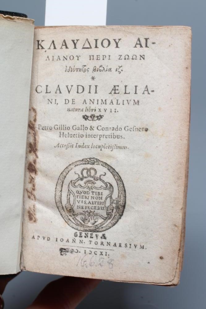 CLAUDIUS AELIANUS - De Animalium Natura, 1628, Greek and Latin text, grained calf library binding, 1 Image
