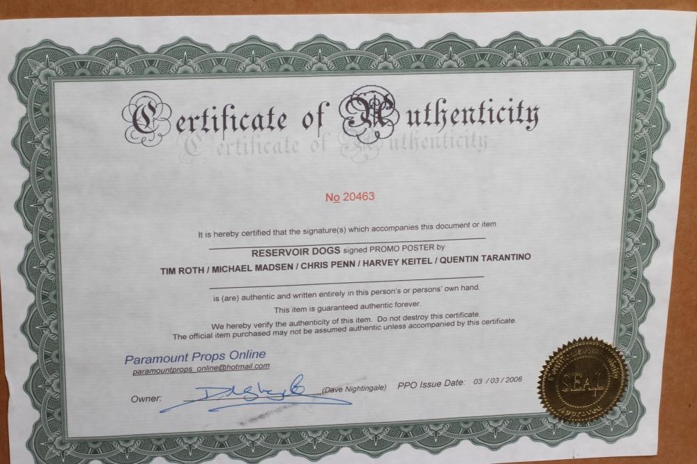 A SIGNED "RESERVOIR DOGS" POSTER autographed by Quentin Tarantino Image