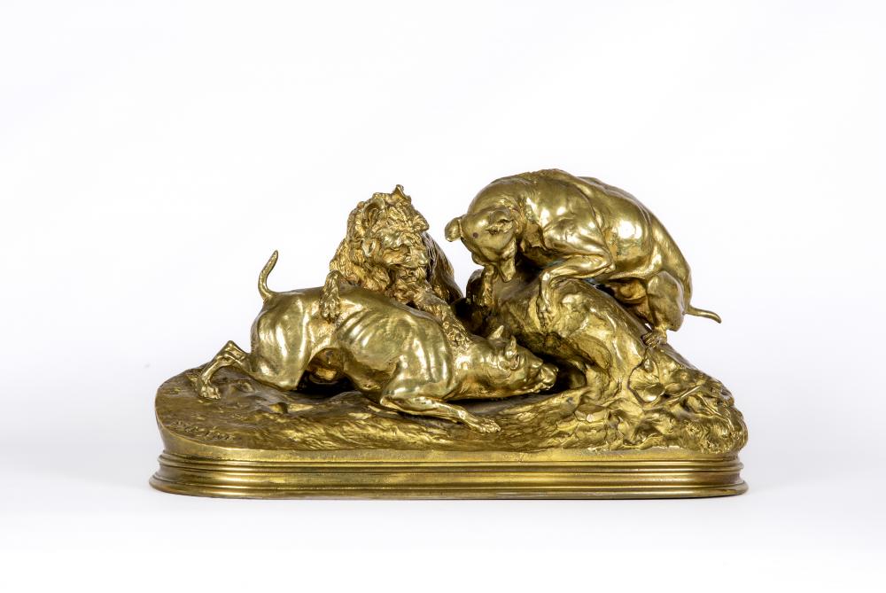 AFTER PIERRE JULES MENE (French 1818-1879) "Chasse au Lapin", gilded bronze, signed, on moulded Image
