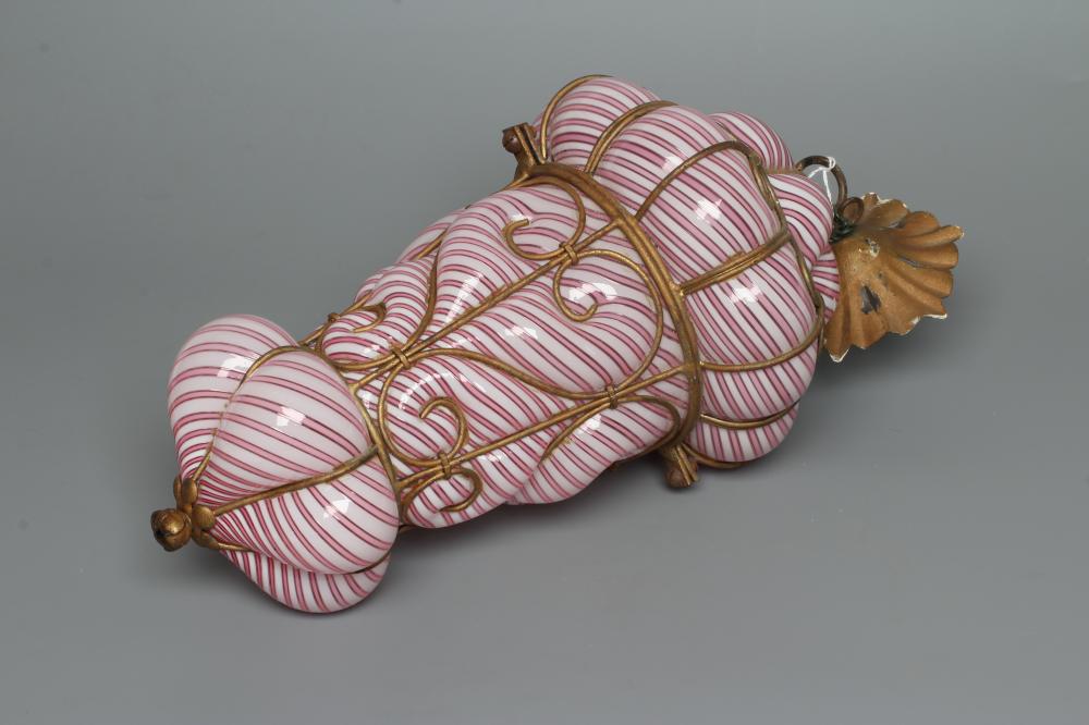 A VICTORIAN HANGING LANTERN, the wirework frame with a custom blown pink and white candy stripe Image
