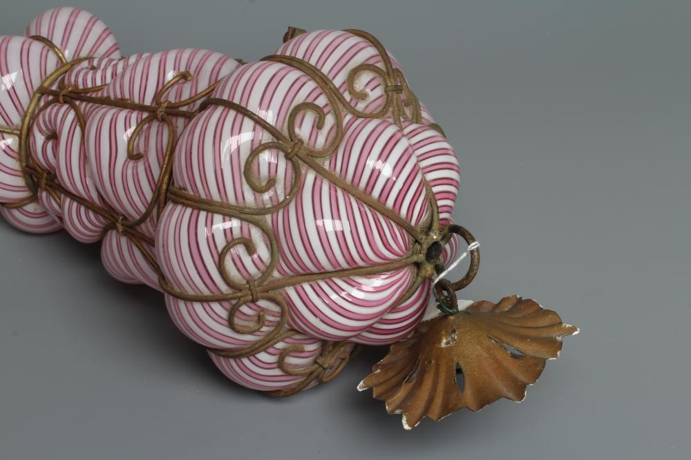 A VICTORIAN HANGING LANTERN, the wirework frame with a custom blown pink and white candy stripe Image