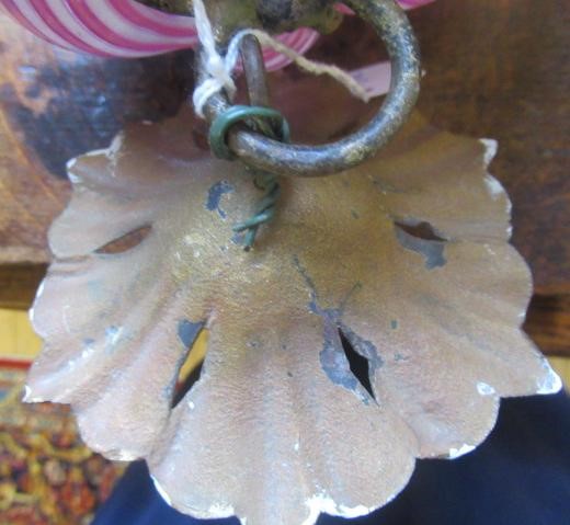 A VICTORIAN HANGING LANTERN, the wirework frame with a custom blown pink and white candy stripe Image