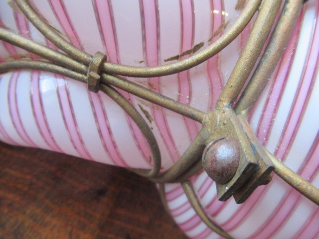 A VICTORIAN HANGING LANTERN, the wirework frame with a custom blown pink and white candy stripe Image