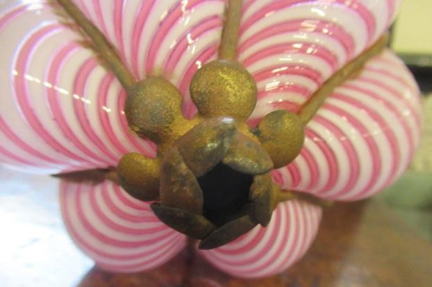A VICTORIAN HANGING LANTERN, the wirework frame with a custom blown pink and white candy stripe Image