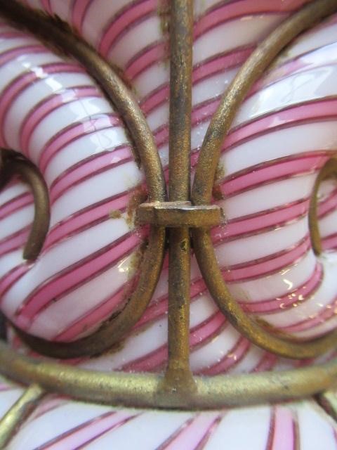 A VICTORIAN HANGING LANTERN, the wirework frame with a custom blown pink and white candy stripe Image