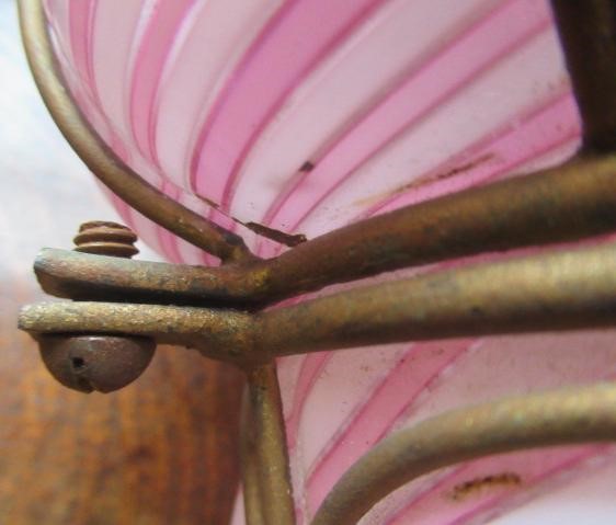A VICTORIAN HANGING LANTERN, the wirework frame with a custom blown pink and white candy stripe Image