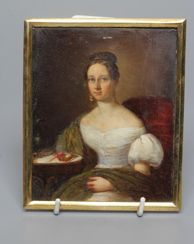 CONTINENTAL SCHOOL (Mid 19th Century), A Seated Young Lady in White Decollette Dress with Green Image