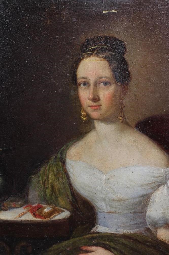 CONTINENTAL SCHOOL (Mid 19th Century), A Seated Young Lady in White Decollette Dress with Green Image