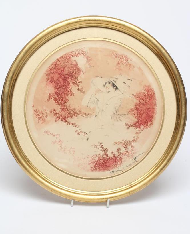 LOUIS J L ICART (French 1888-1950) Lady in a Broad Brimmed Hat, coloured etching, roundel, signed, Image