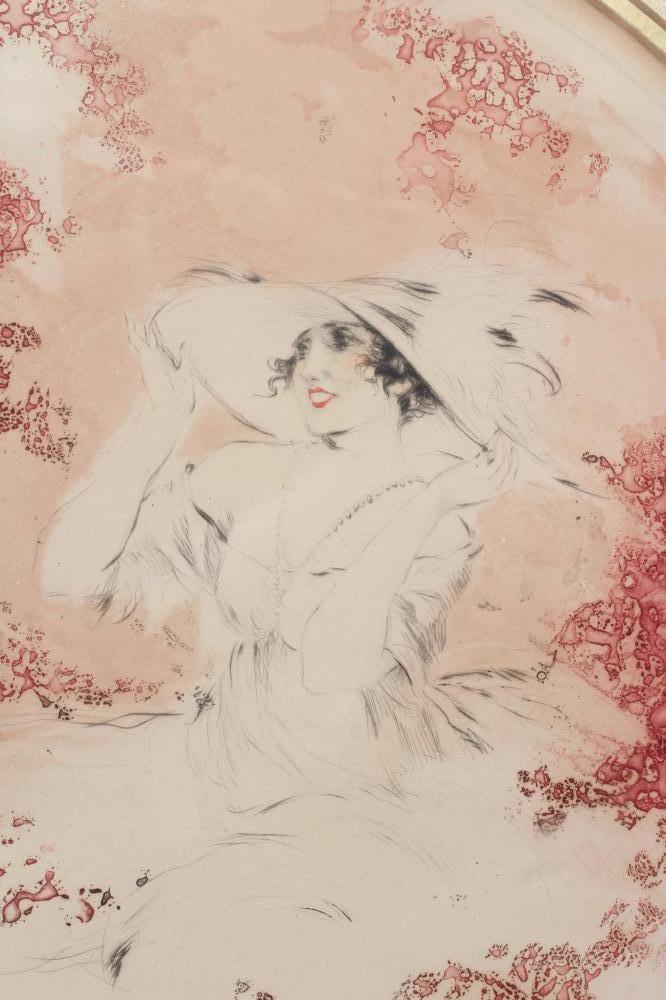 LOUIS J L ICART (French 1888-1950) Lady in a Broad Brimmed Hat, coloured etching, roundel, signed, Image