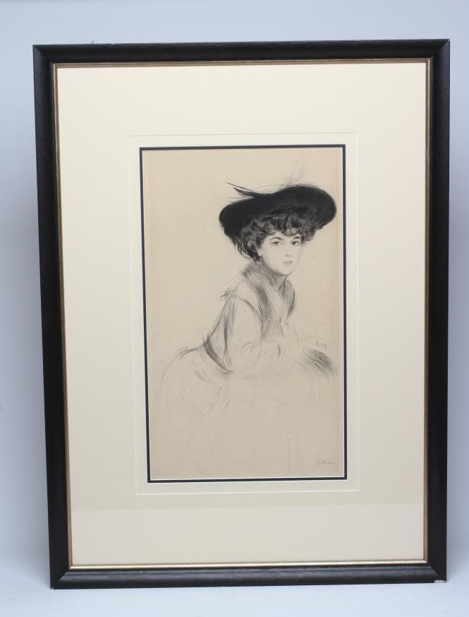 PAUL CESAR HELLEU (French 1859-1927) Lady Wearing a Hat, etching, signed in pencil, 23 1/4" x 13 Image