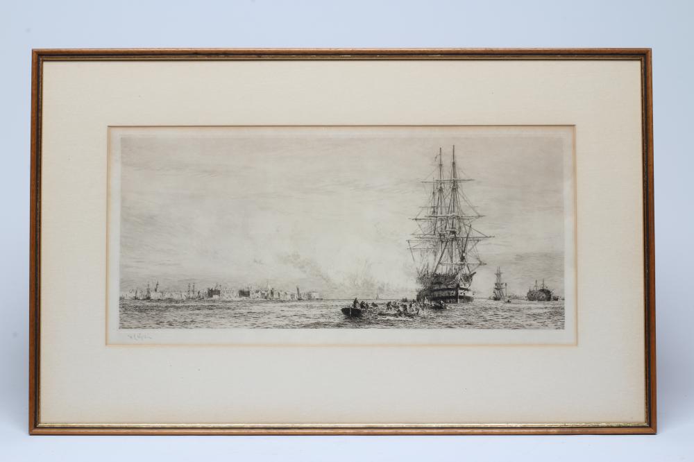 WILLIAM WYLLIE (1851-1931) "H.M.S. Victory at Portsmouth Harbour",  etching, signed in pencil, plate Image