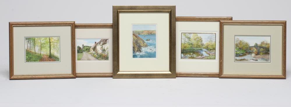 ROSALIND PIERSON (20th century) Landscapes, set of three watercolour miniatures, 3 x 4", gilt Image