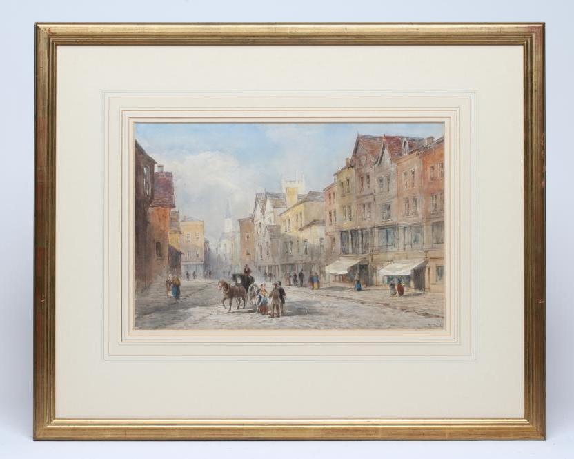 F DICKER (19th century) Street Scene with Figures, watercolour heightened with white, signed, 9 3/4" Image