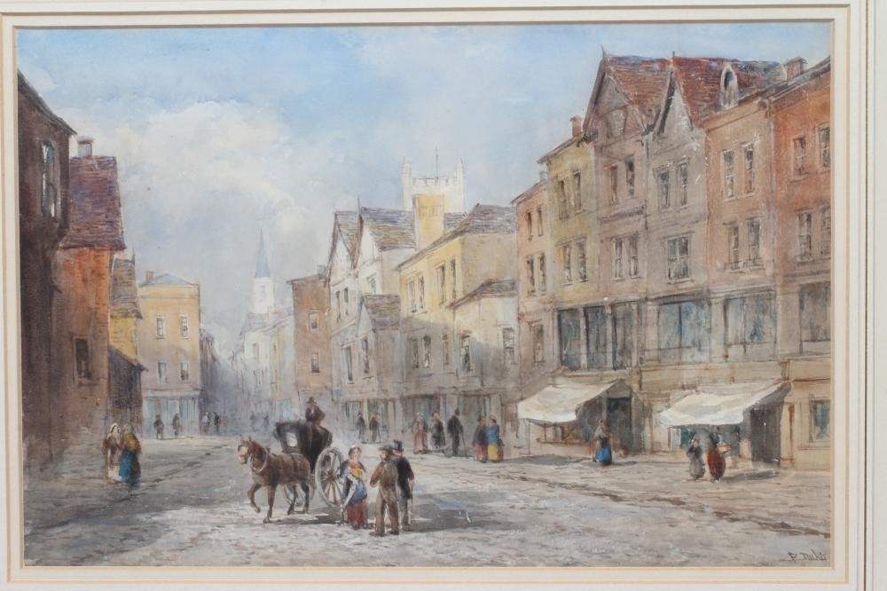 F DICKER (19th century) Street Scene with Figures, watercolour heightened with white, signed, 9 3/4" Image