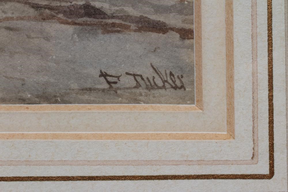 F DICKER (19th century) Street Scene with Figures, watercolour heightened with white, signed, 9 3/4" Image