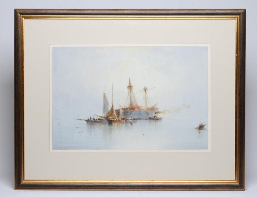 WILLIAM BARKER (19th/20th Century), Shipping in a Calm, watercolour and pencil heightened with Image