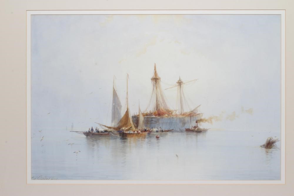 WILLIAM BARKER (19th/20th Century), Shipping in a Calm, watercolour and pencil heightened with Image