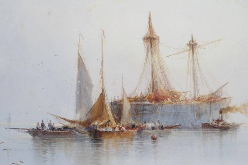 WILLIAM BARKER (19th/20th Century), Shipping in a Calm, watercolour and pencil heightened with Image