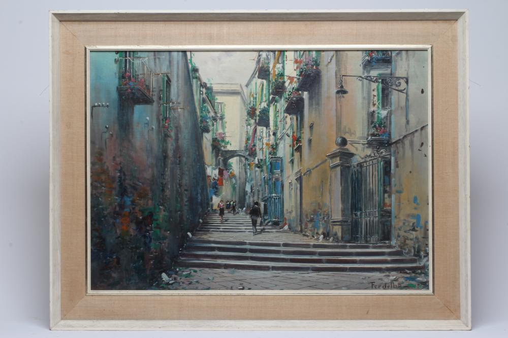 MARIO FERDELBA (Italian 1897-1971) Street Scene with Figures, oil on canvas, signed, 20 x 28 Image