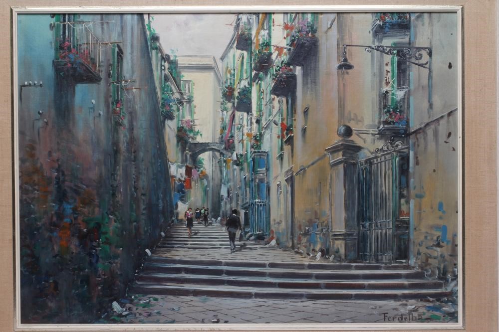 MARIO FERDELBA (Italian 1897-1971) Street Scene with Figures, oil on canvas, signed, 20 x 28 Image