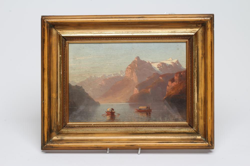 ITALIAN(?)SCHOOL 19th century, Lake Scene with Boats, oil on board, unsigned, 6 1/2" x 9 1/2", gilt Image