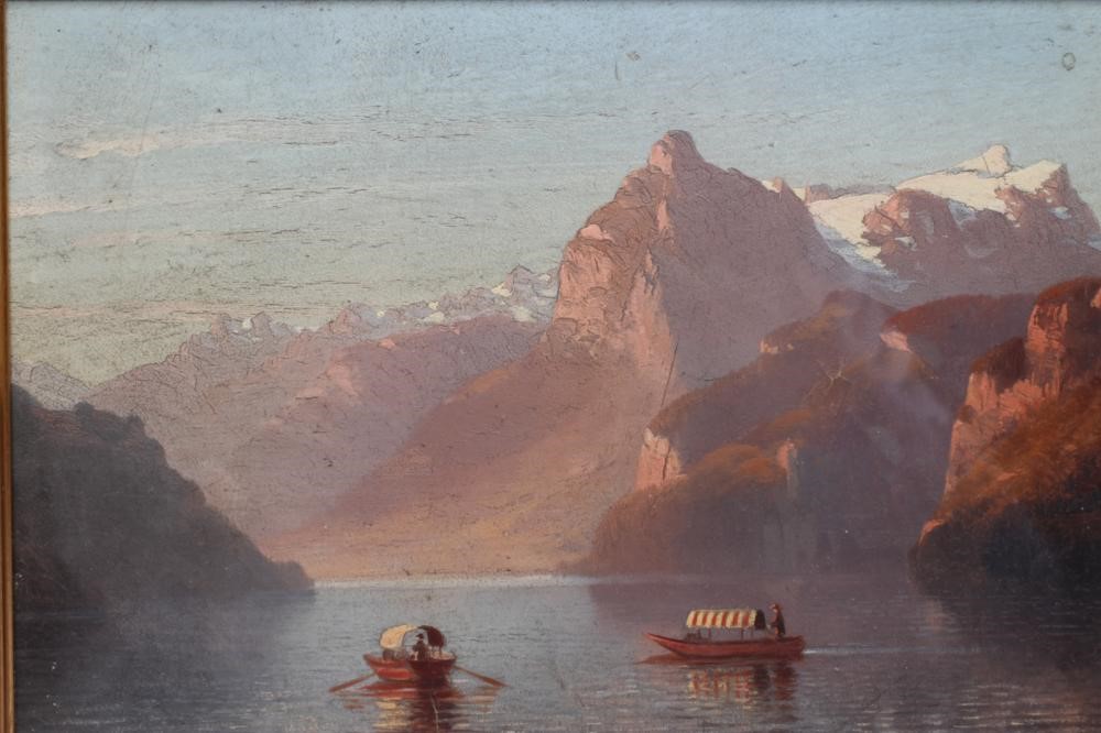 ITALIAN(?)SCHOOL 19th century, Lake Scene with Boats, oil on board, unsigned, 6 1/2" x 9 1/2", gilt Image