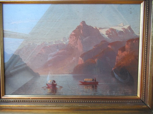 ITALIAN(?)SCHOOL 19th century, Lake Scene with Boats, oil on board, unsigned, 6 1/2" x 9 1/2", gilt Image
