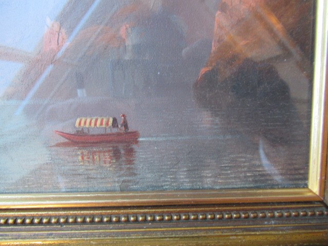 ITALIAN(?)SCHOOL 19th century, Lake Scene with Boats, oil on board, unsigned, 6 1/2" x 9 1/2", gilt Image