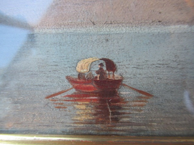 ITALIAN(?)SCHOOL 19th century, Lake Scene with Boats, oil on board, unsigned, 6 1/2" x 9 1/2", gilt Image