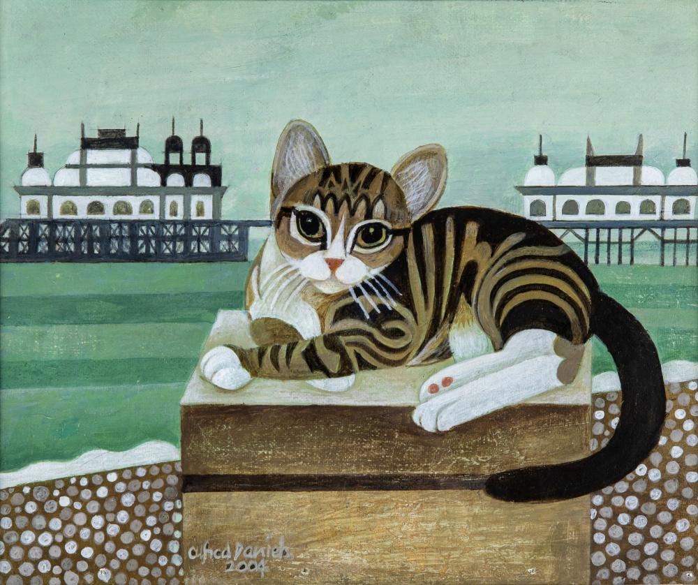 ALFRED DANIELS (1924-2015) Cat Resting by a Pier, gouache on board, signed and dated 2004, 10 x Image