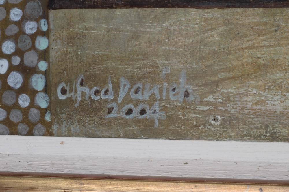 ALFRED DANIELS (1924-2015) Cat Resting by a Pier, gouache on board, signed and dated 2004, 10 x Image