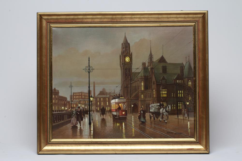 STEVEN SCHOLES (b.1952) "Rochdale at Night", oil on canvas, signed, 16 x 19 3/4" framed (subject to Image