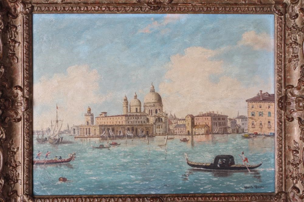 ALBERTO TERRINI (Italian 19th/20th century) Venetian Scenes, a pair, oil on canvas, signed, 11 3/4" Image