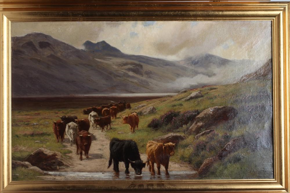 STEPHEN ENOCH HOGLEY (1842-1927) Highland Cattle Watering Image
