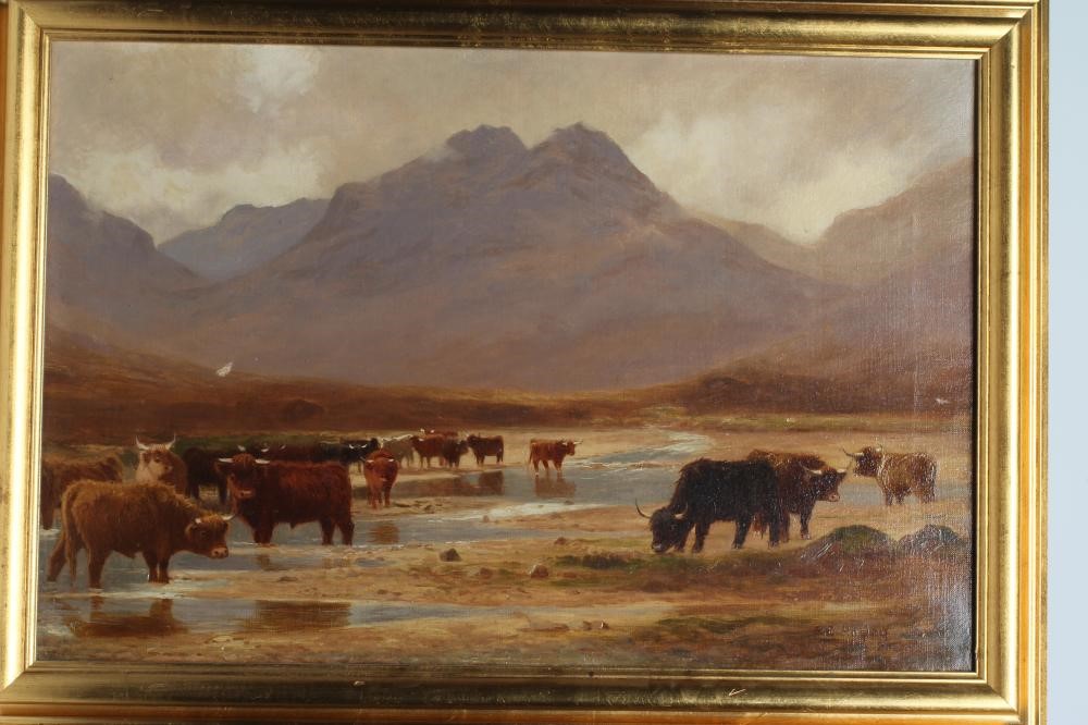 STEPHEN ENOCH HOGLEY (1842-1927) Highland Cattle Watering Image