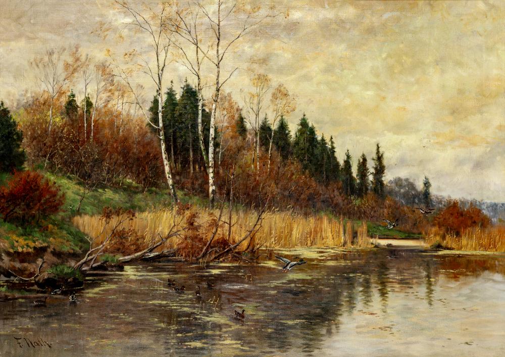 FRIEDRICH NATH (Russian 1859-1925) Autumnal River Scene, oil on canvas, signed, 26 1/4" x 36 1/2", Image