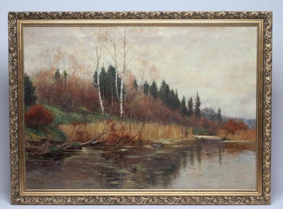 FRIEDRICH NATH (Russian 1859-1925) Autumnal River Scene, oil on canvas, signed, 26 1/4" x 36 1/2", Image