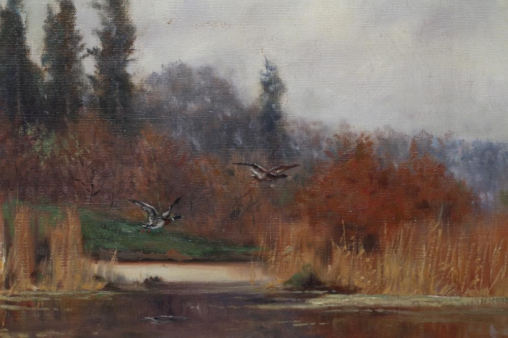 FRIEDRICH NATH (Russian 1859-1925) Autumnal River Scene, oil on canvas, signed, 26 1/4" x 36 1/2", Image